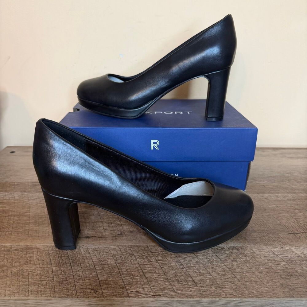 Rockport Carmen Black Leather Block Heel Pumps